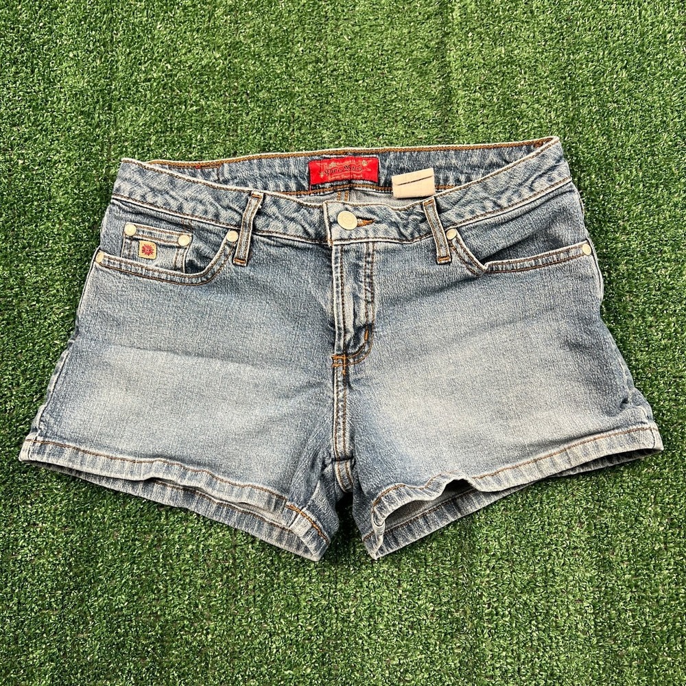 VTG Paris Blues Shorts Women SZ 5 29X2.5 Blue Jean Stretch Micro Mini Mid Y2K